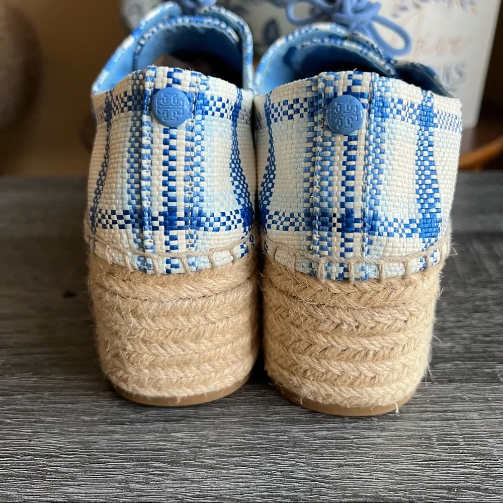 Tory Burch Florence Blue Plaid Platfrom Lace Up Espadrilles US6.5 Used Once!!
